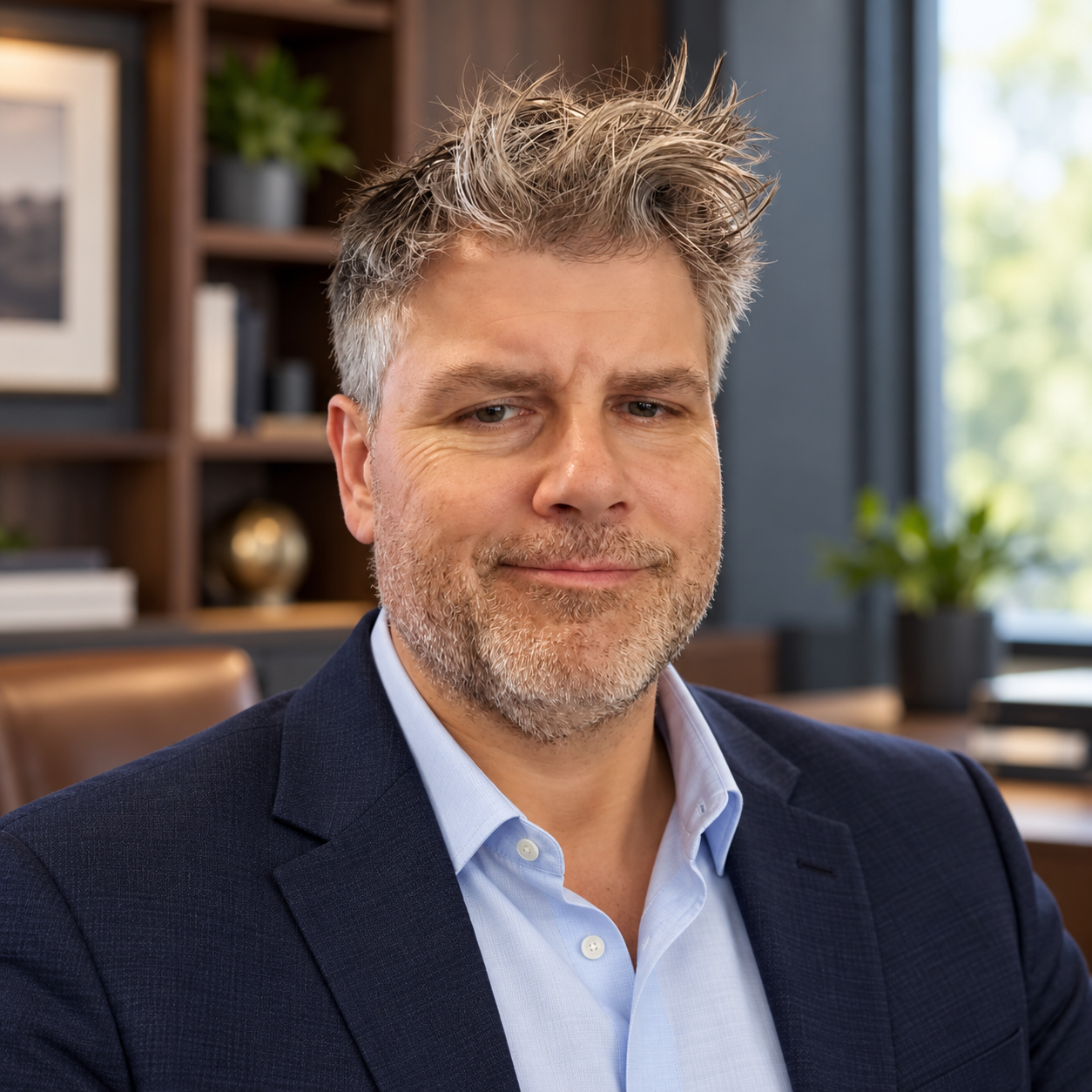 Timothy Finney wearing a navy blazer in an office